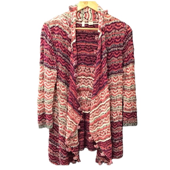 Anthropologie Sweaters - Moth Womens Crochet Cardigan Open Front Sweater Size M Fringe Stripes Poms Boho